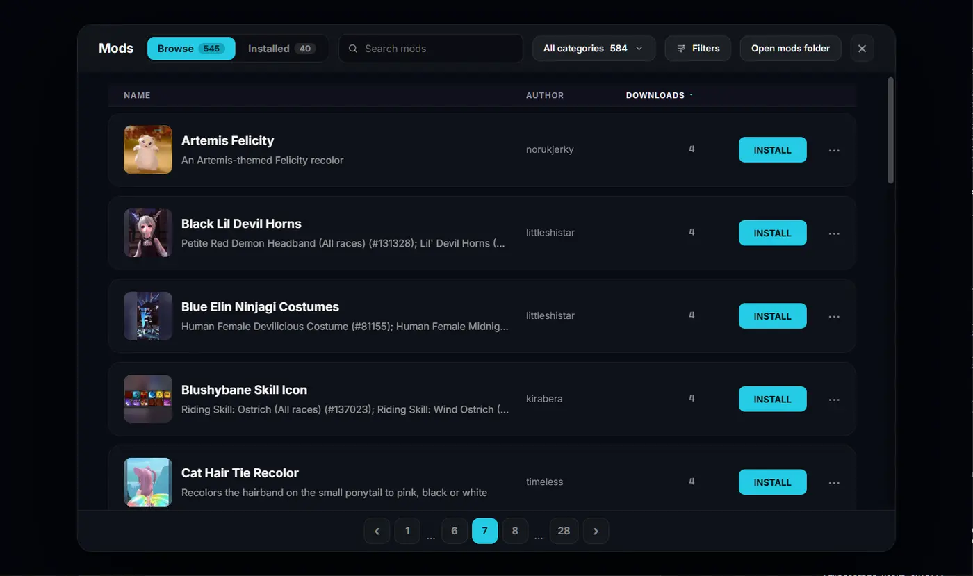 The Classic+ launcher's mod browser, listing installable visual mods